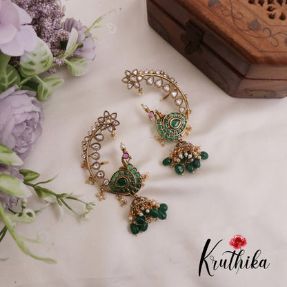 Beautiful AD Moissanite Kemp Peacock Earcuff with Green Beads Drops E713 (Available in 3 colours)
