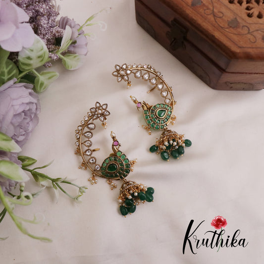 Beautiful AD Moissanite Kemp Peacock Earcuff with Green Beads Drops E713 (Available in 3 colours)