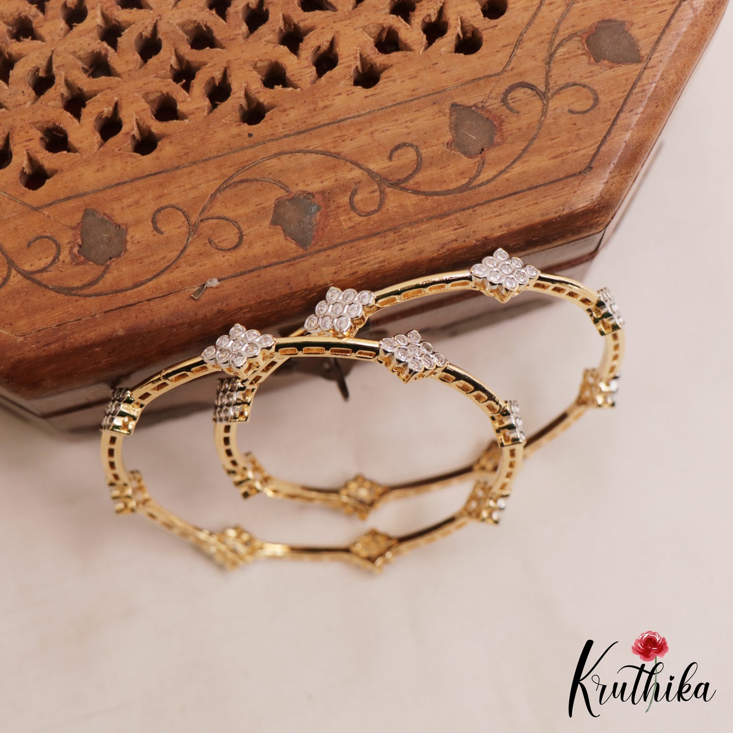 Elegant Floral Diamond-Finish Gold-Tone CZ Bangles B551 (Set of 2)