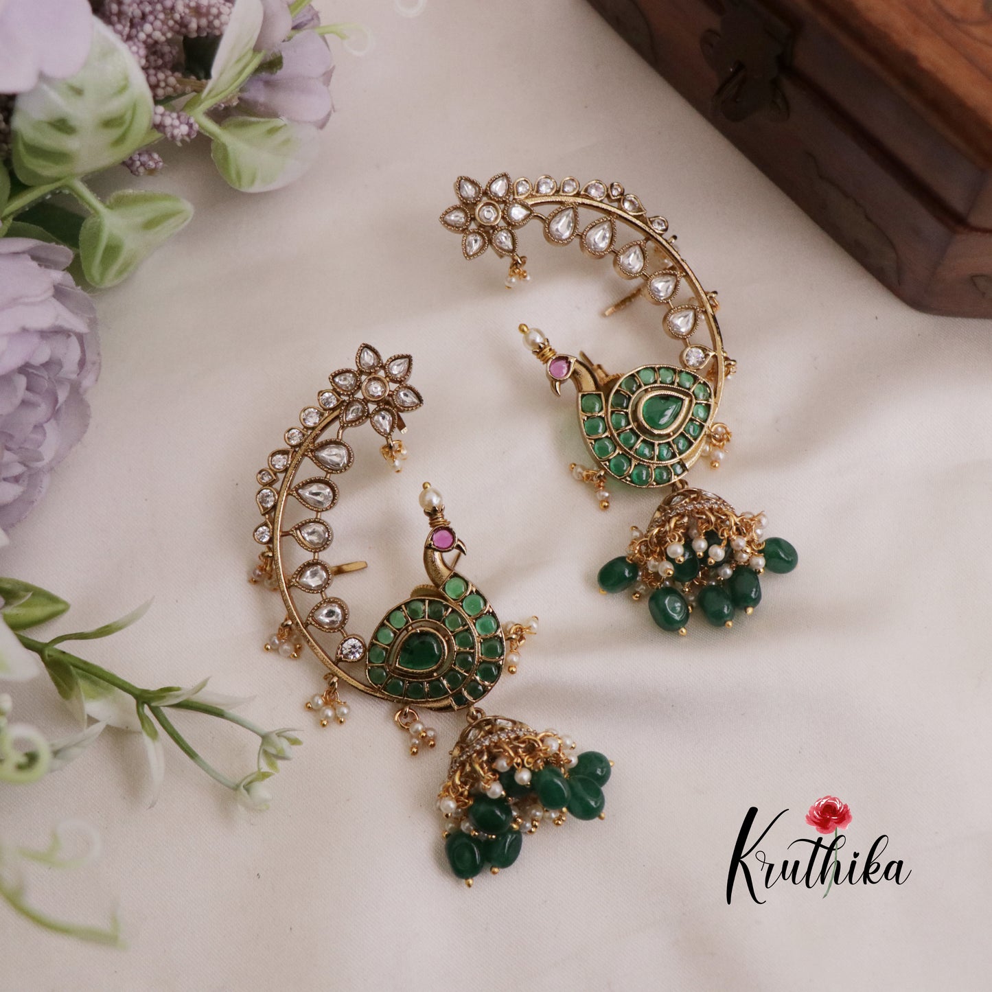 Beautiful AD Moissanite Kemp Peacock Earcuff with Green Beads Drops E713 (Available in 3 colours)