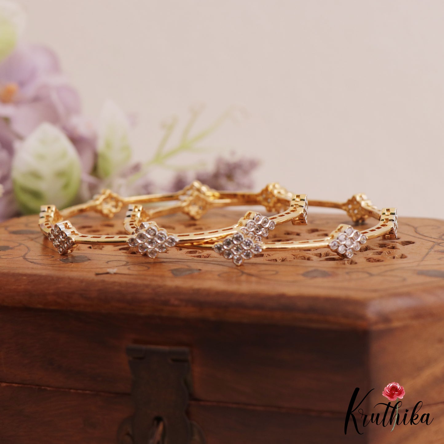 Elegant Floral Diamond-Finish Gold-Tone CZ Bangles B551 (Set of 2)