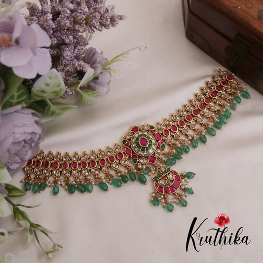 Royal Antique Jadau Bridal Choker with with Emerald Beads Drops NC2372