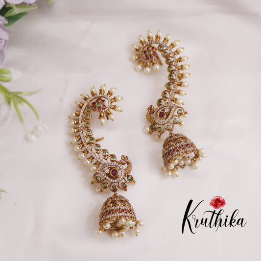 Grand Antique Pearl Peacock Ear Cuffs with Jhumkas E471 (Available in 2 Colours)