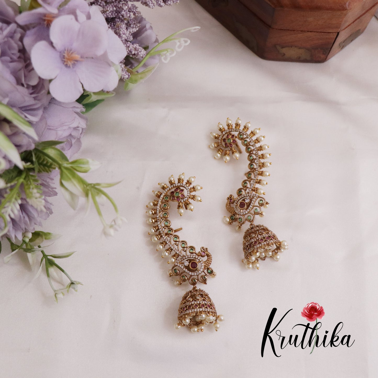 Grand Antique Pearl Peacock Ear Cuffs with Jhumkas E471 (Available in 2 Colours)
