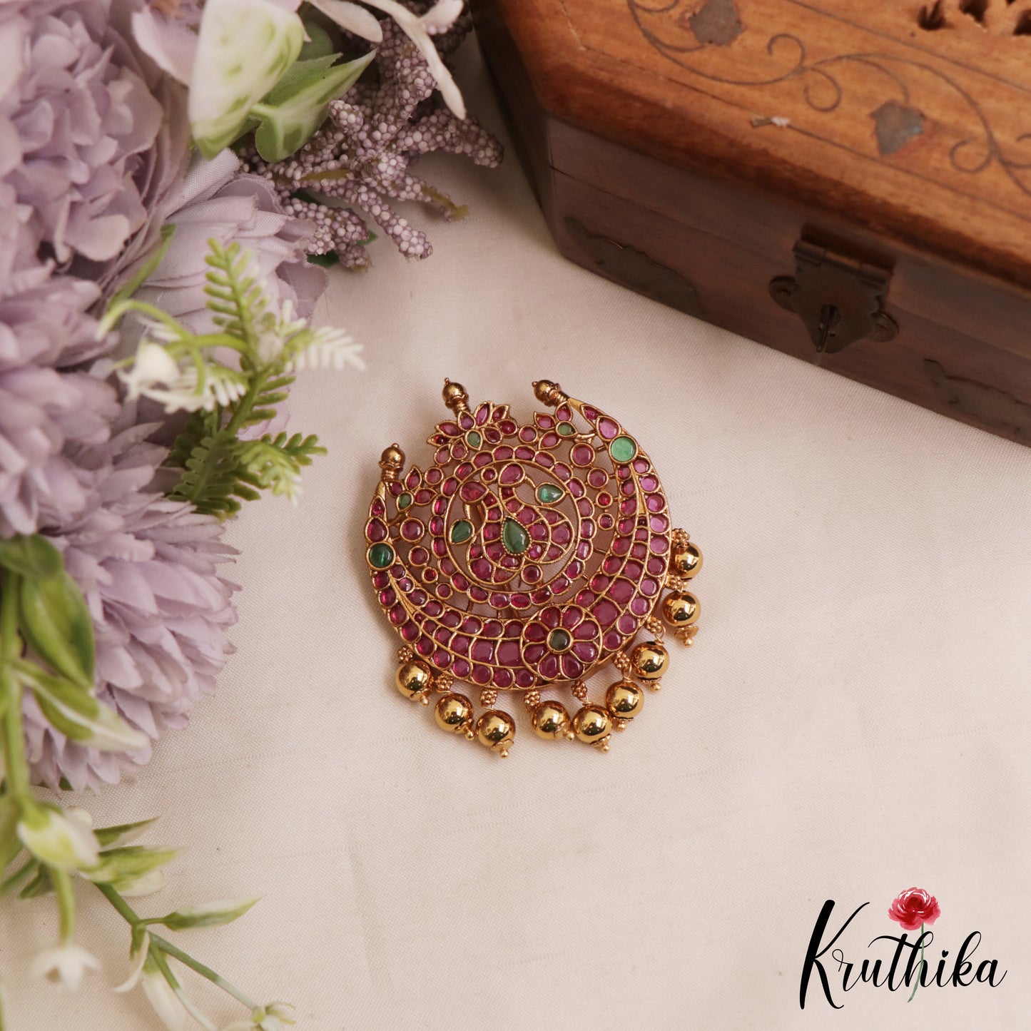 Classic Floral Peacock Motifs Kemp Jada Billa With Golden Bead Drops  J397
