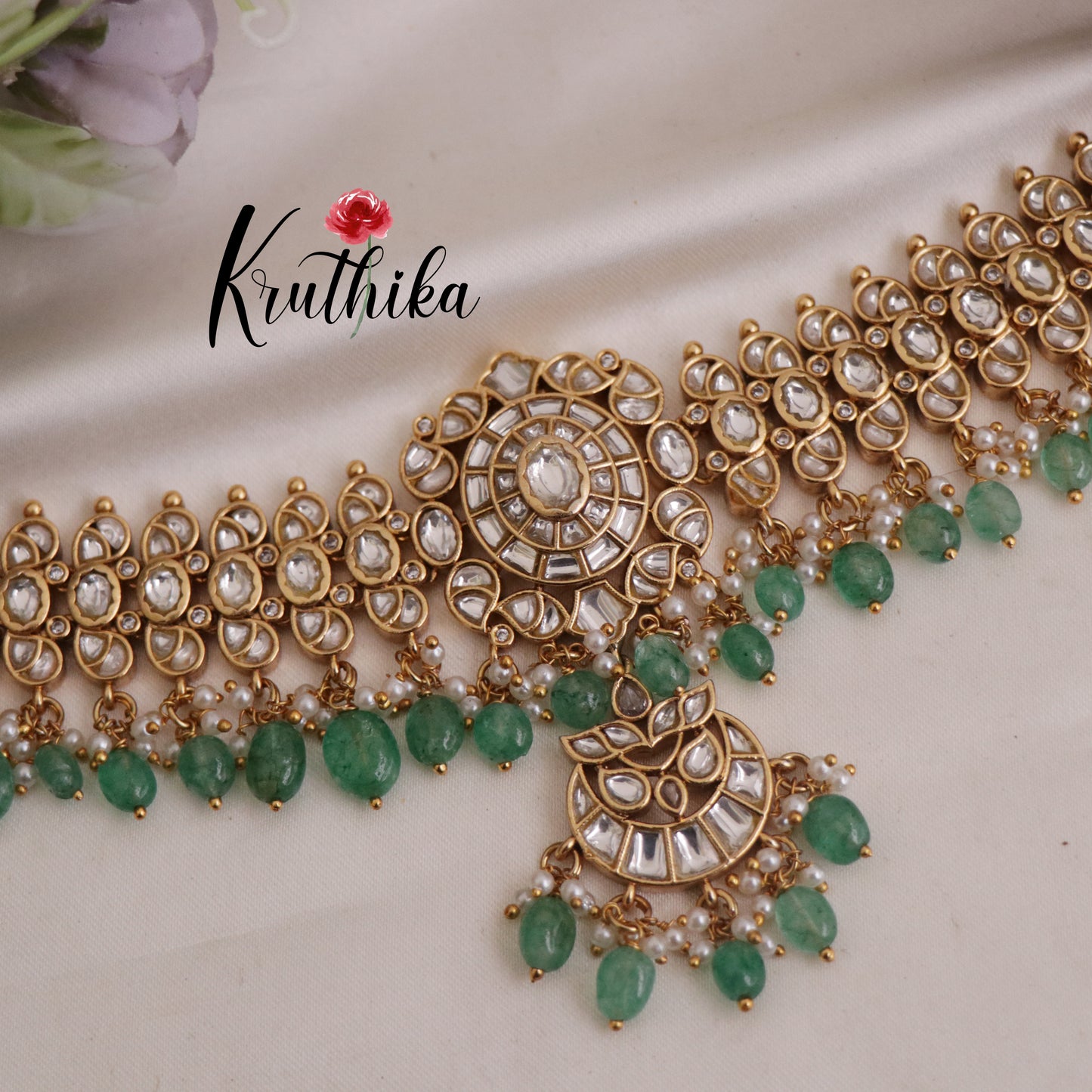 Royal Antique Jadau Bridal Choker with with Emerald Beads Drops NC2372