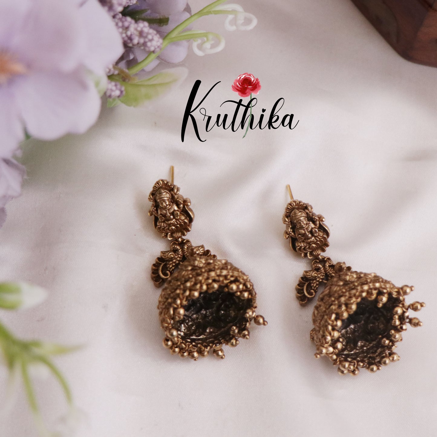 Beautiful Antique Temple Lakshmi Jhumkas with Golden Beads Drops E766