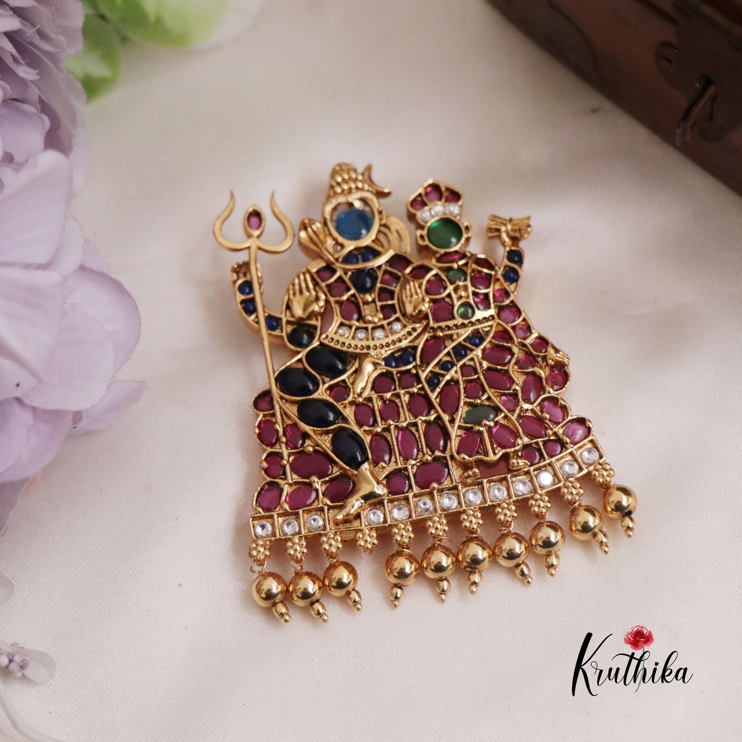 Elegant Shivan Parvathi Kemp Pendant with Golden Beads Drops PS245