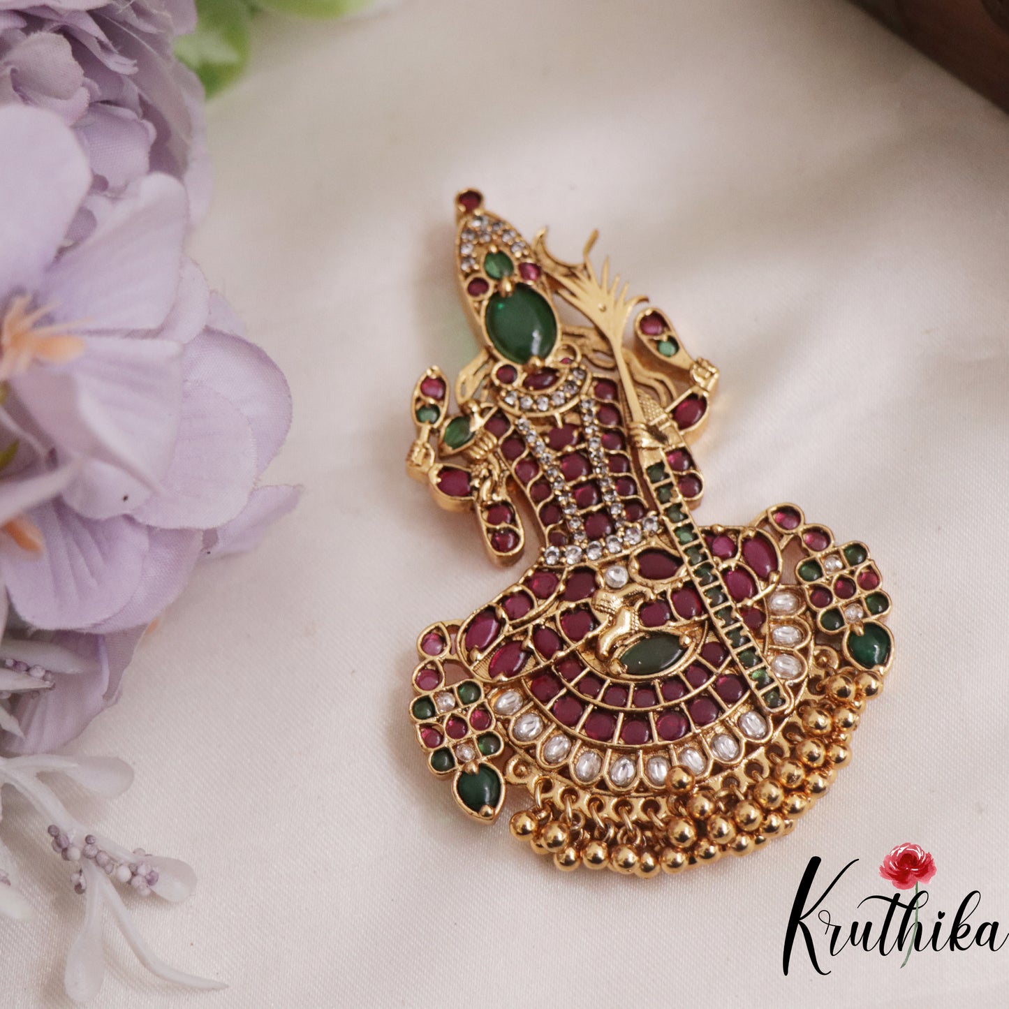 Beautiful Kemp Goddess Kanchi Kamakshi Pendant with Golden Beads Drops PS244