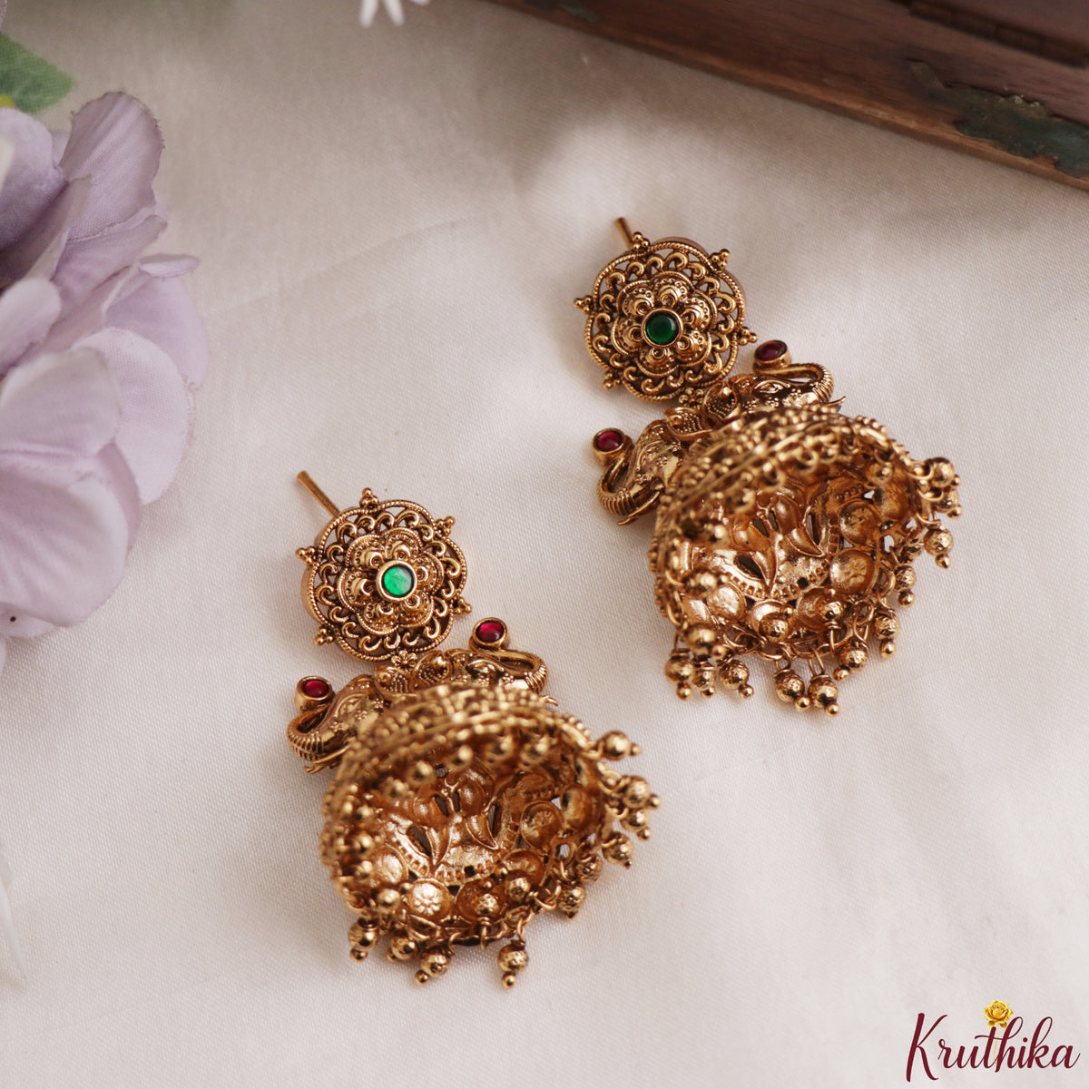 Premium Nagas Elephant Jadau Jhumkas with golden beads E1244