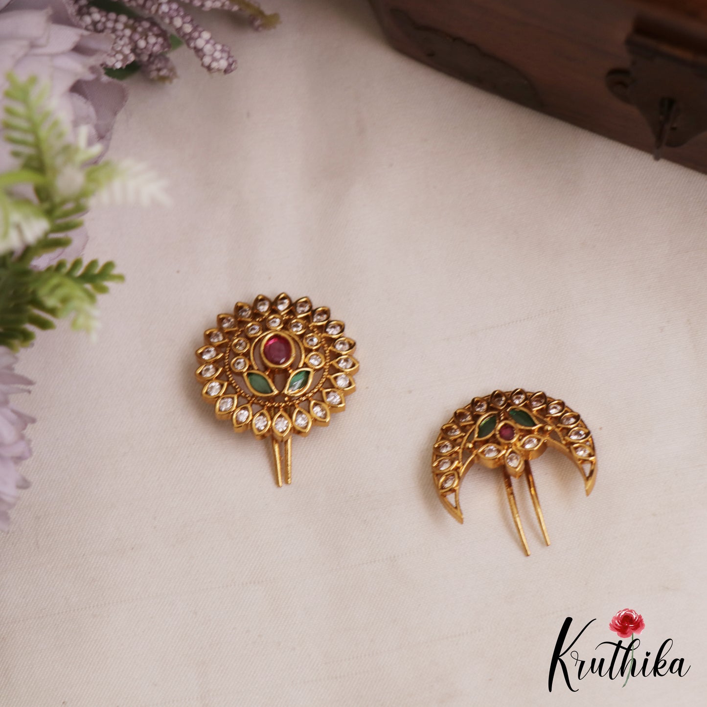 Pretty Floral Motifs Chandra Surya Jadau Hair Ornaments J404