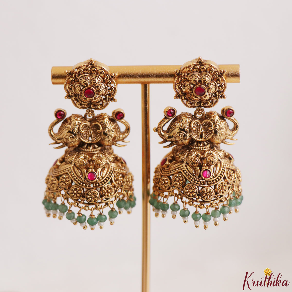 Premium Nagas Temple Jadau Jhumkas with green beads E1245