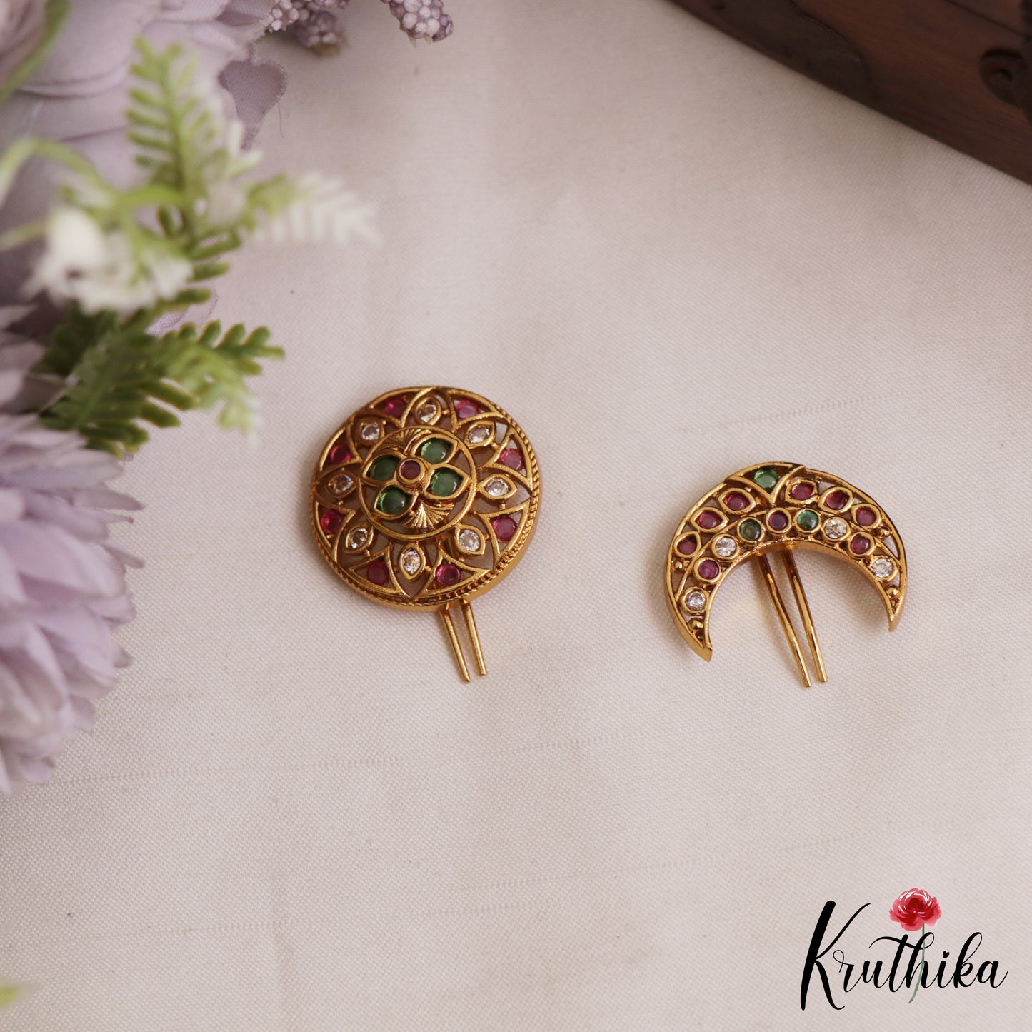 Elegant Floral Motifs Chandra Surya Jadau Hair Ornaments J405