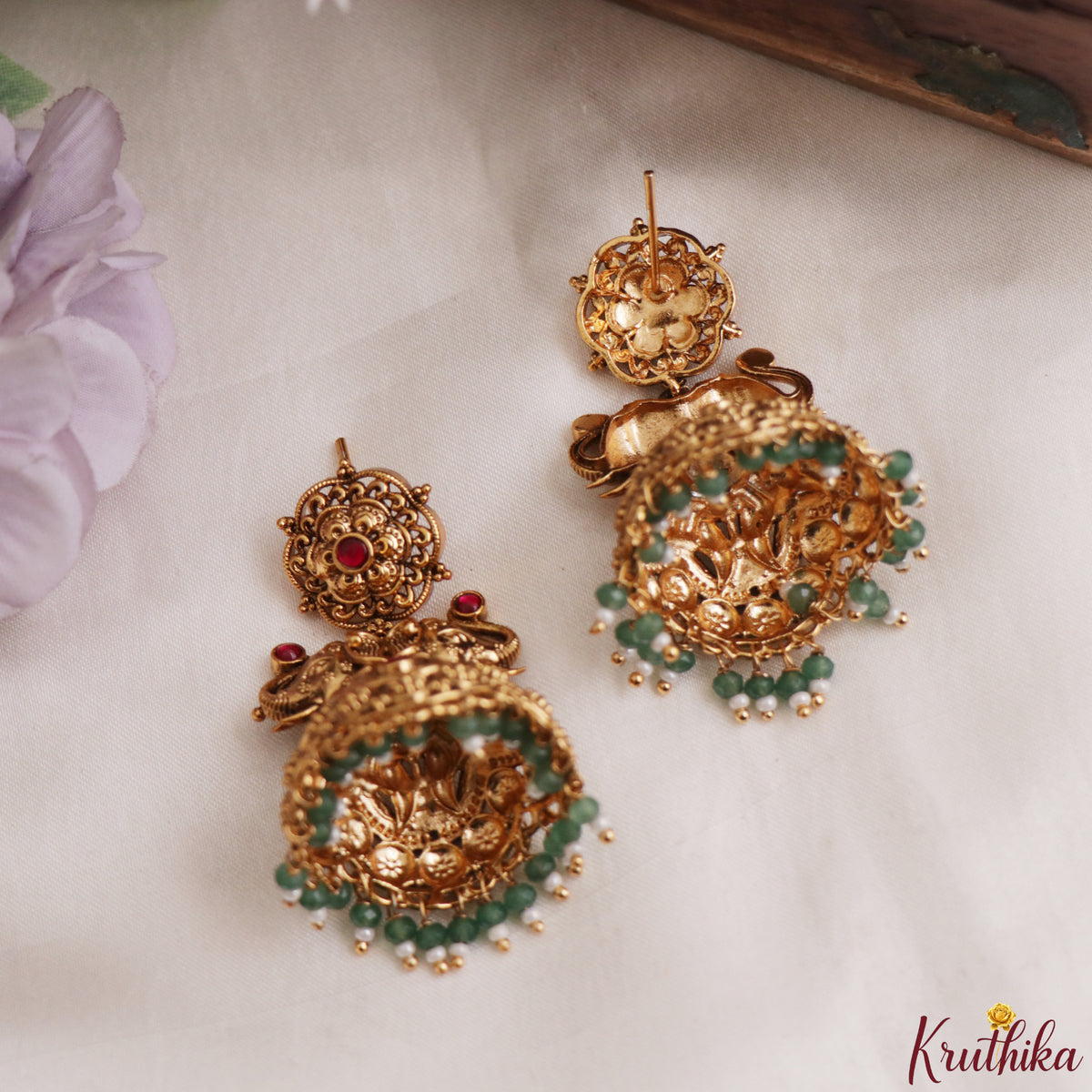 Premium Nagas Temple Jadau Jhumkas with green beads E1245