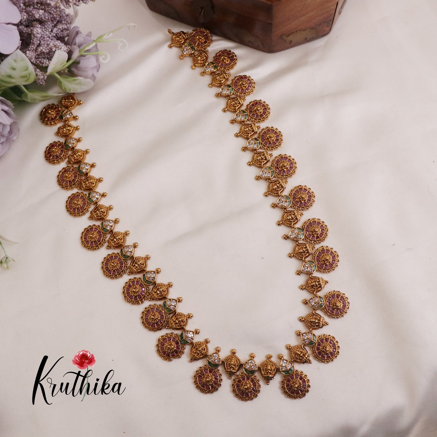 Elegant AD Temple Lakshmi Kasu Kemp Haaram LH1984