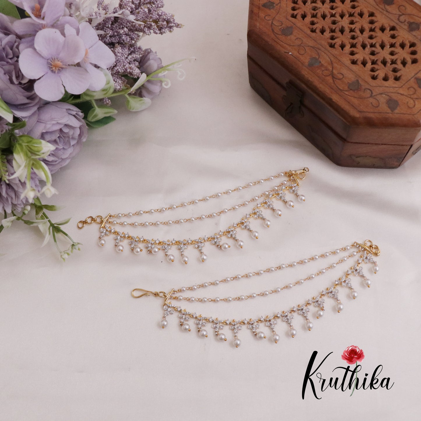 Trendy CZ Sparkling Three Layer Floral Studded Pearl Drop  Earchains EC139