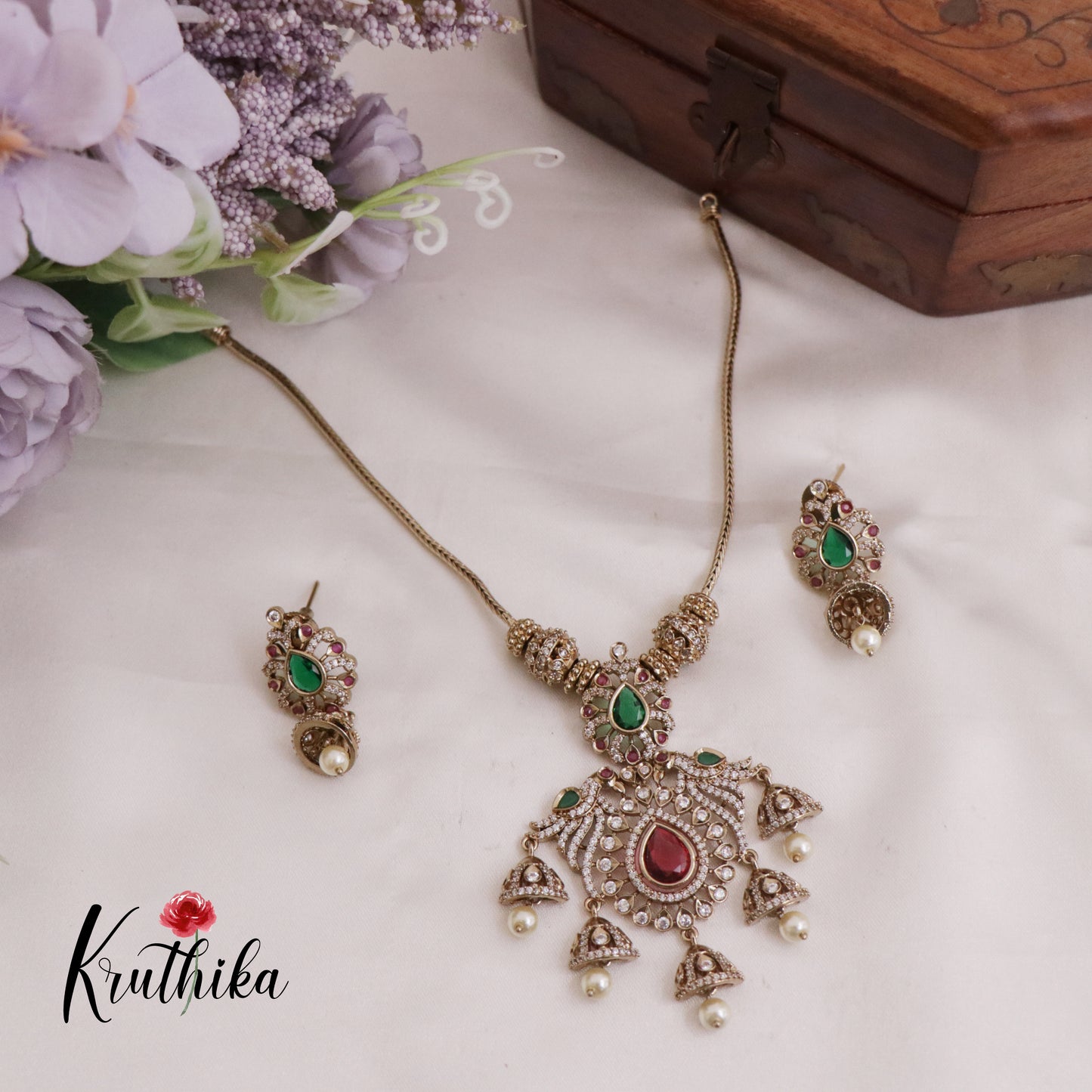 Simple AD/Victorian Peacock Necklace with Mini Jhumka Drop with Pearl Hangings NC2421