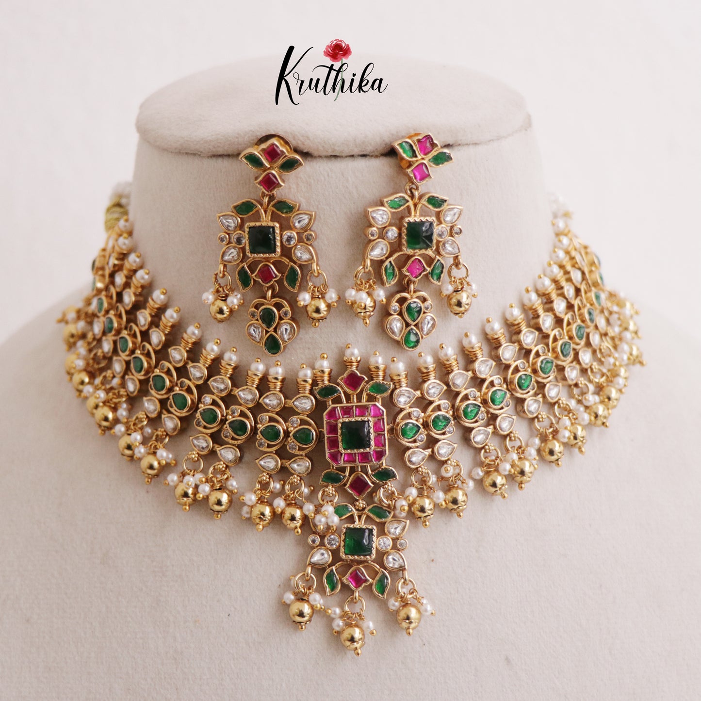 Beautiful Kundan Jadau Choker with Golden Beads Drops NC2374