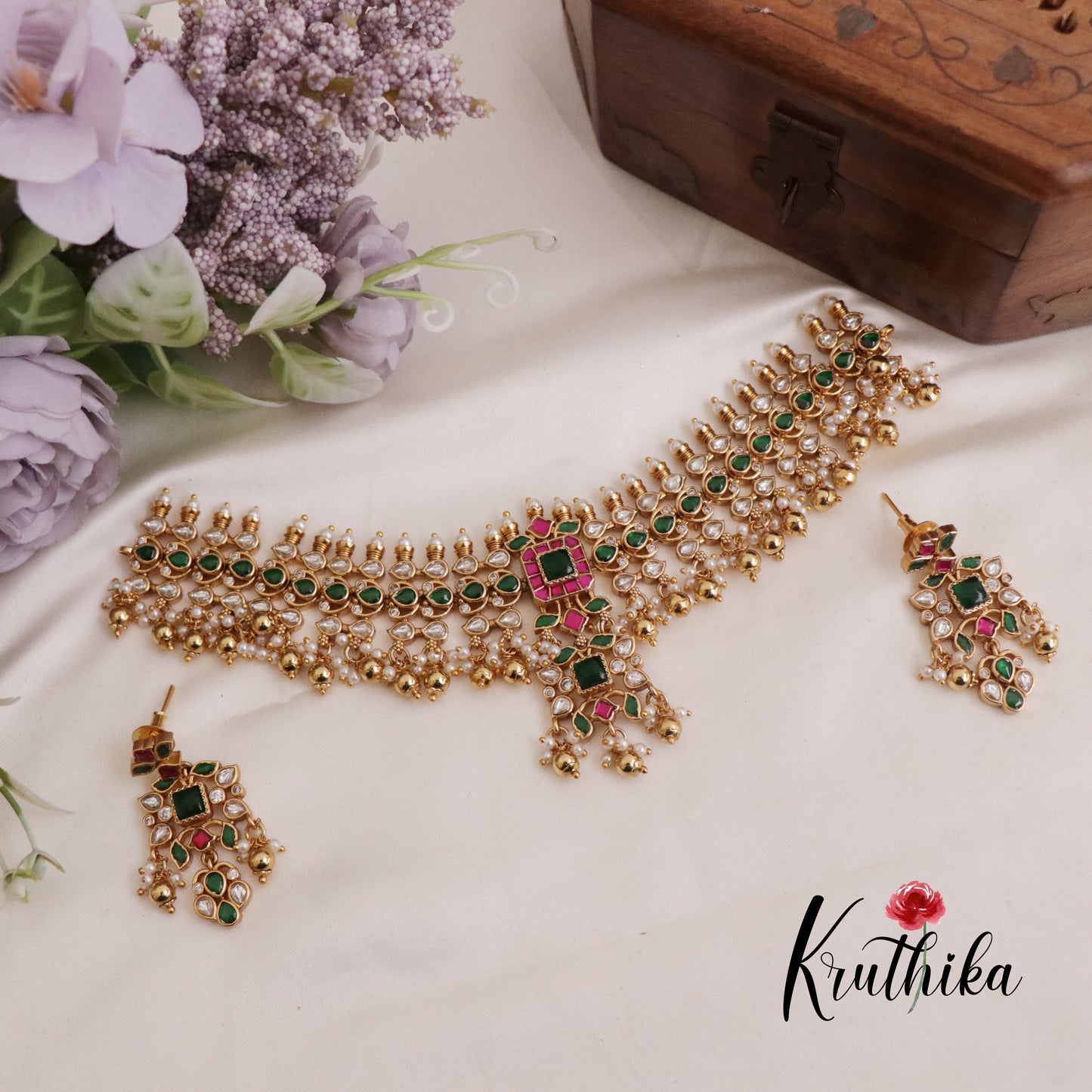 Beautiful Kundan Jadau Choker with Golden Beads Drops NC2374