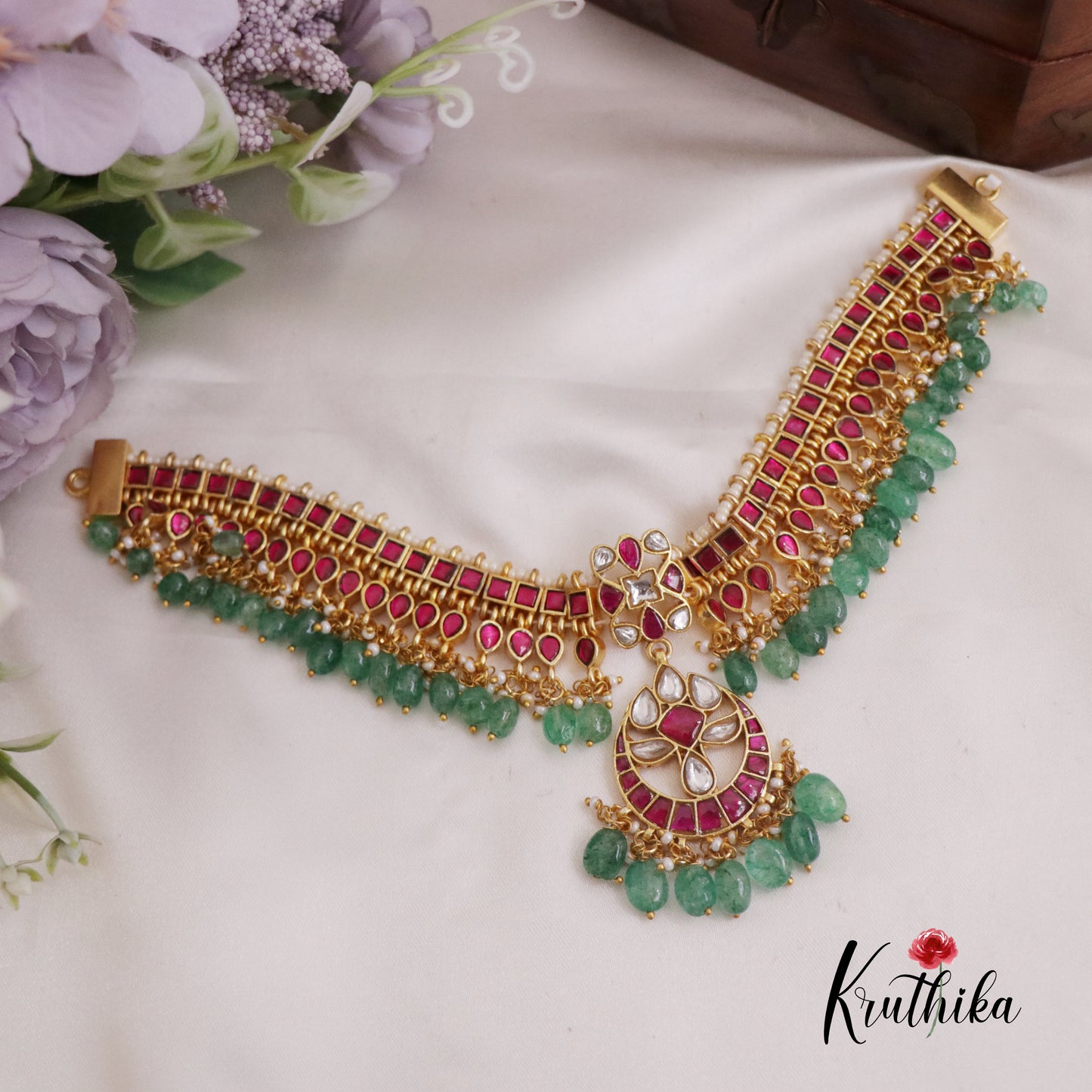 Beautiful Antique Jadau Chandbali Choker with Green Beads Drops NC2380