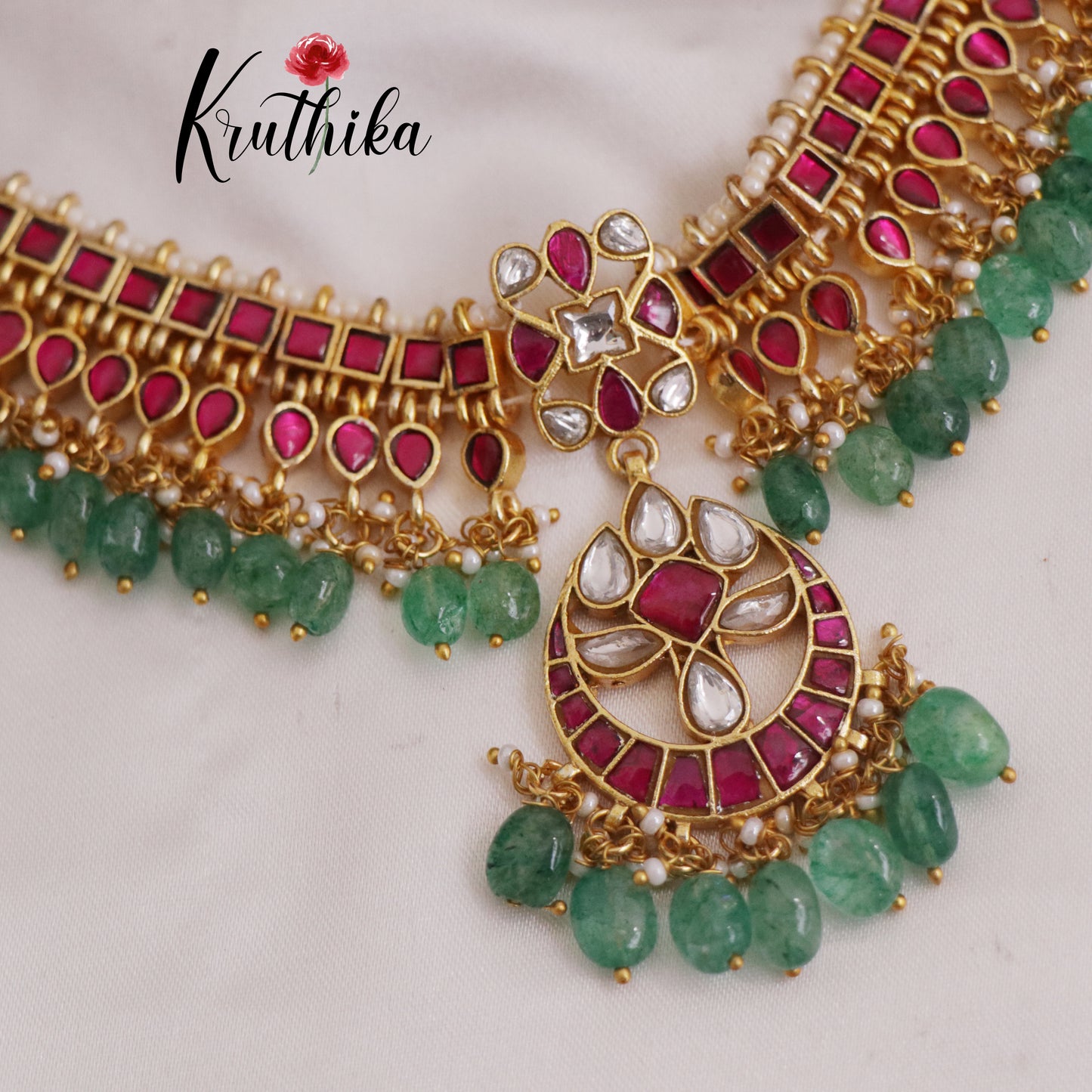Beautiful Antique Jadau Chandbali Choker with Green Beads Drops NC2380