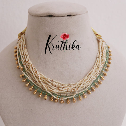 Beautiful Multi Layer Emerald Pearl Choker with Golden Beads Drops NC2356