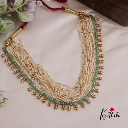 Beautiful Multi Layer Emerald Pearl Choker with Golden Beads Drops NC2356