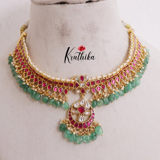 Beautiful Antique Jadau Chandbali Choker with Green Beads Drops NC2380