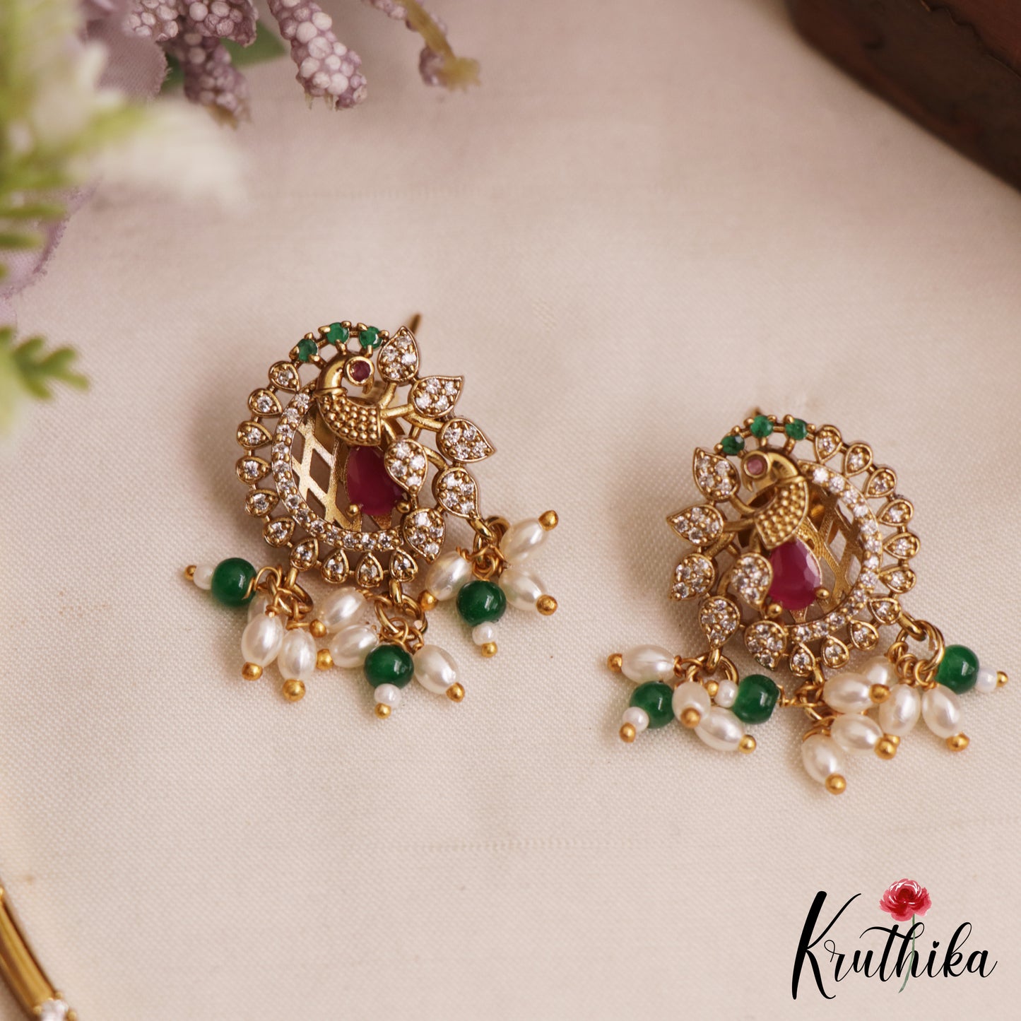 Elegant Peacock Motifs CZ Hasli Choker With Rice Pearl Drops NC3075 (Available In 2 Colors)