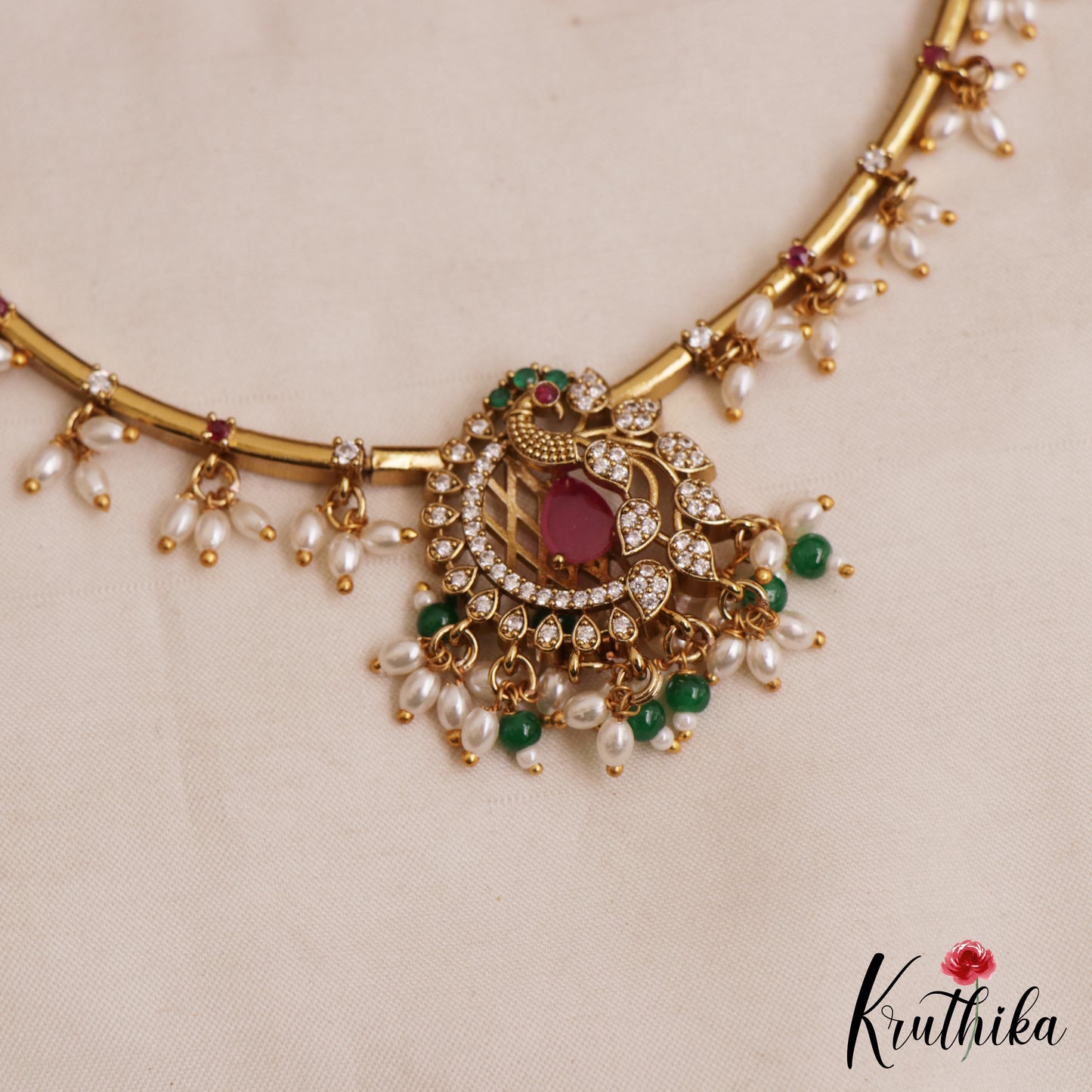 Elegant Peacock Motifs CZ Hasli Choker With Rice Pearl Drops NC3075 (Available In 2 Colors)