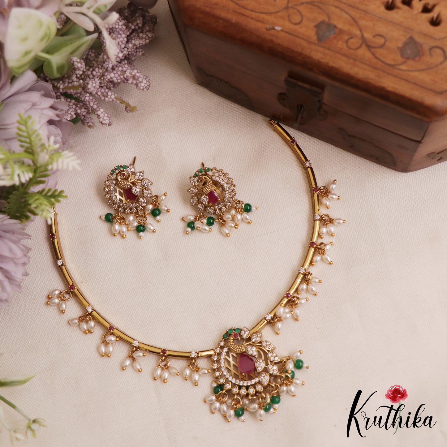 Elegant Peacock Motifs CZ Hasli Choker With Rice Pearl Drops NC3075 (Available In 2 Colors)