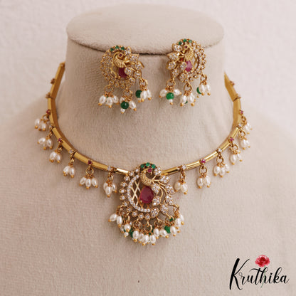 Elegant Peacock Motifs CZ Hasli Choker With Rice Pearl Drops NC3075 (Available In 2 Colors)