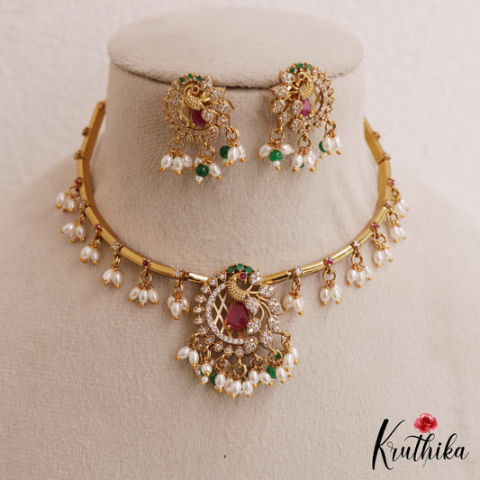 Elegant Peacock Motifs CZ Hasli Choker With Rice Pearl Drops NC3075 (Available In 2 Colors)