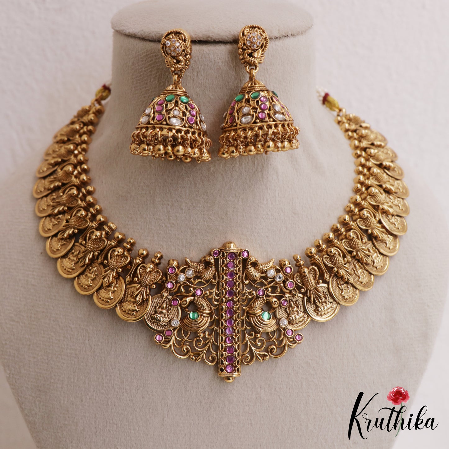 Premium Antique Peacock Motifs Lakshmi Kasu Necklace NC3051
