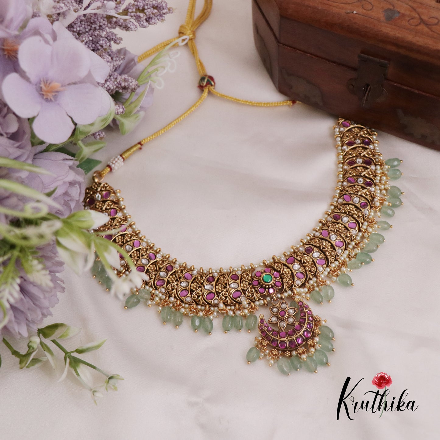 Beautiful Budget Friendly Jadau Floral Necklace with Pastel Green Beads NC2386