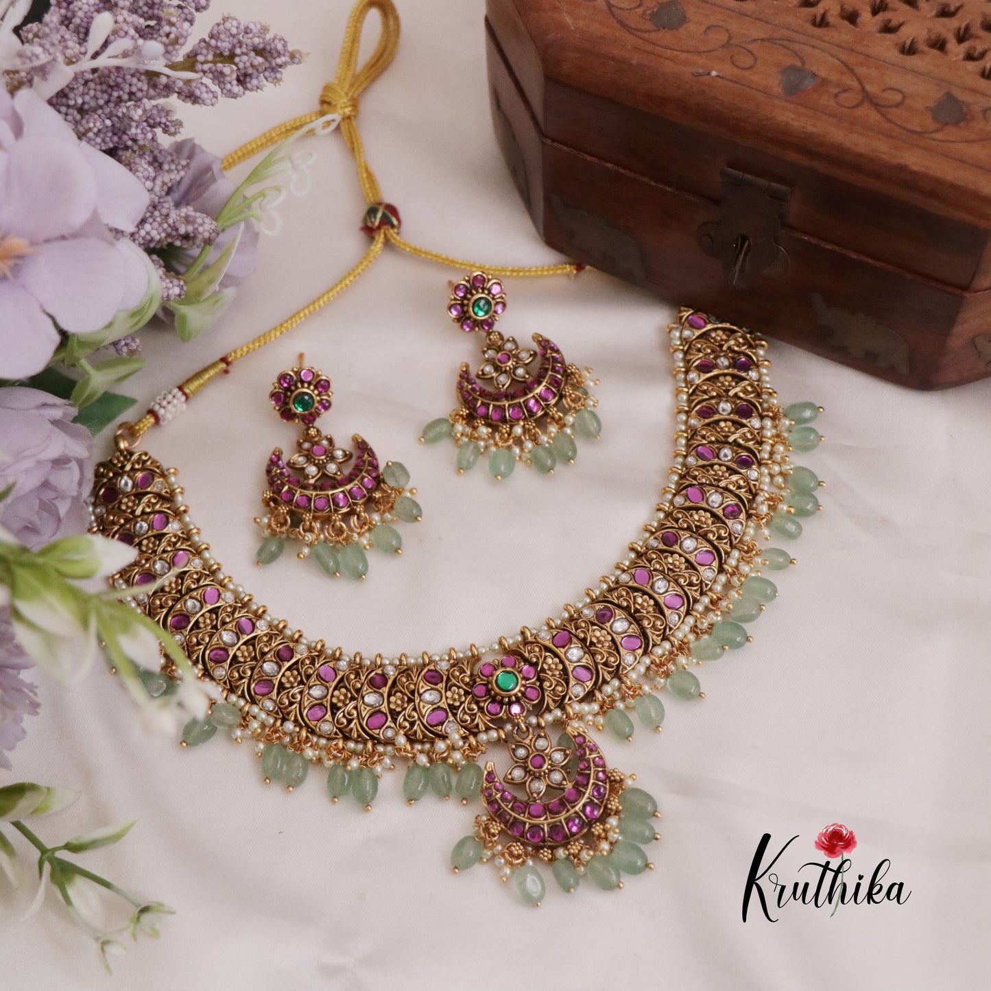 Beautiful Budget Friendly Jadau Floral Necklace with Pastel Green Beads NC2386