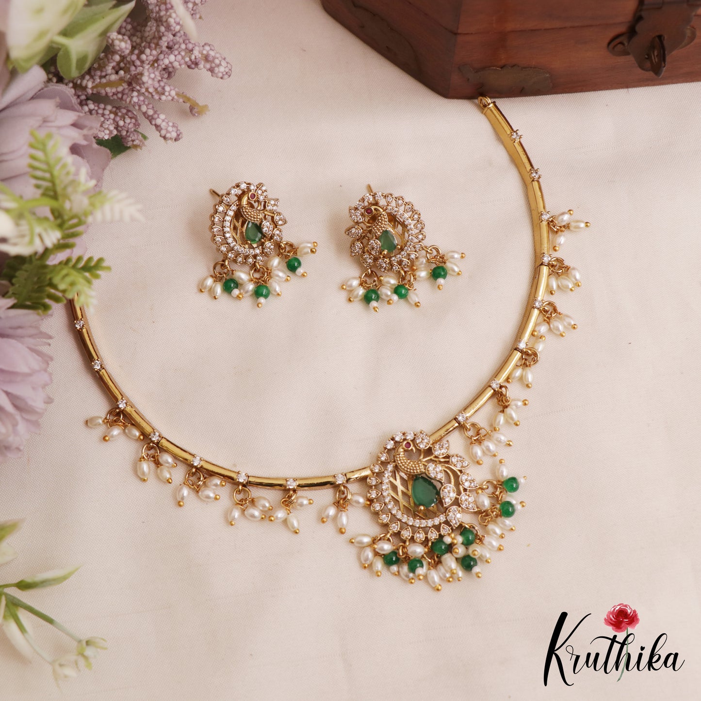 Elegant Peacock Motifs CZ Hasli Choker With Rice Pearl Drops NC3075 (Available In 2 Colors)