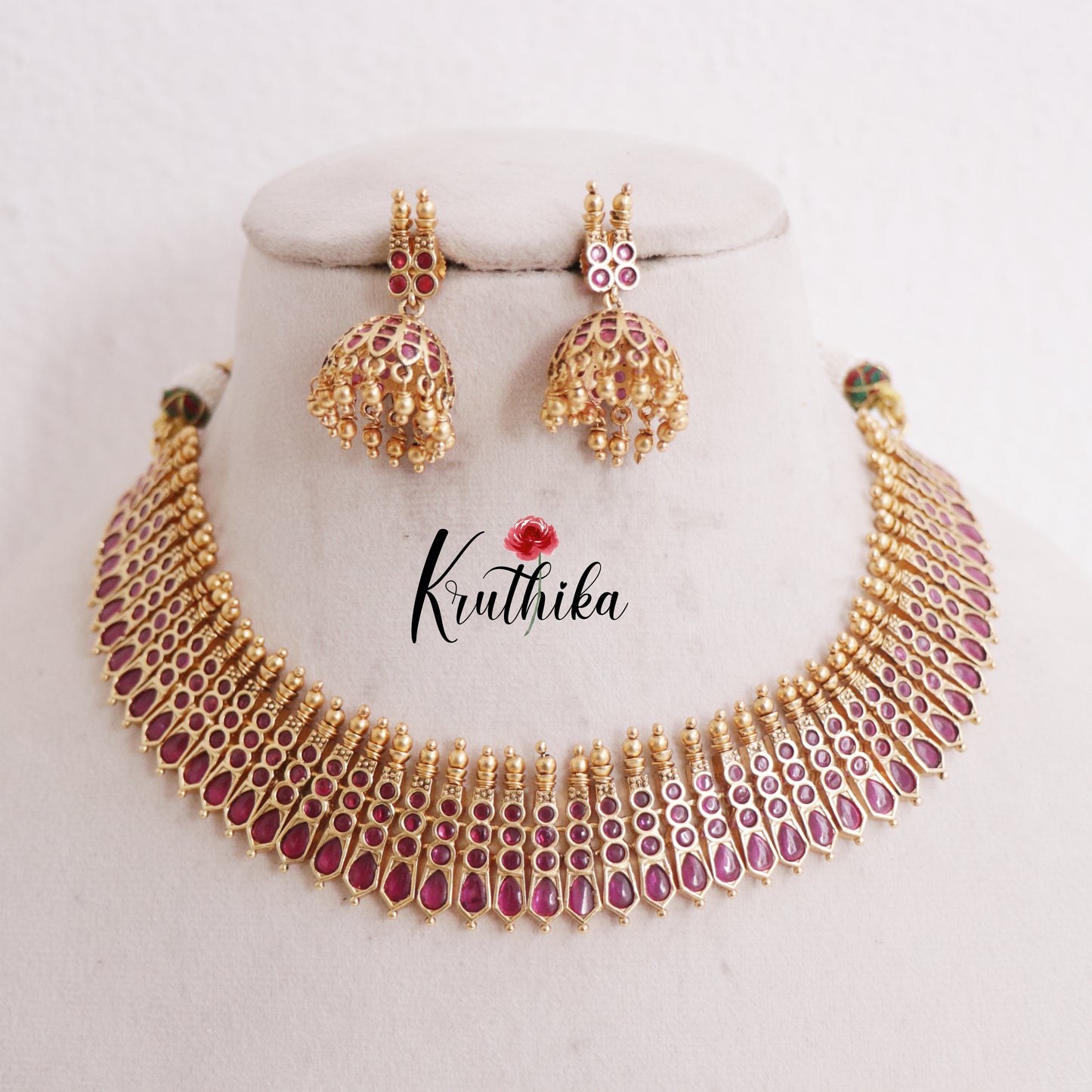 Trendy  Kerala Design Ruby Palakka Choker with Earrings NC2391