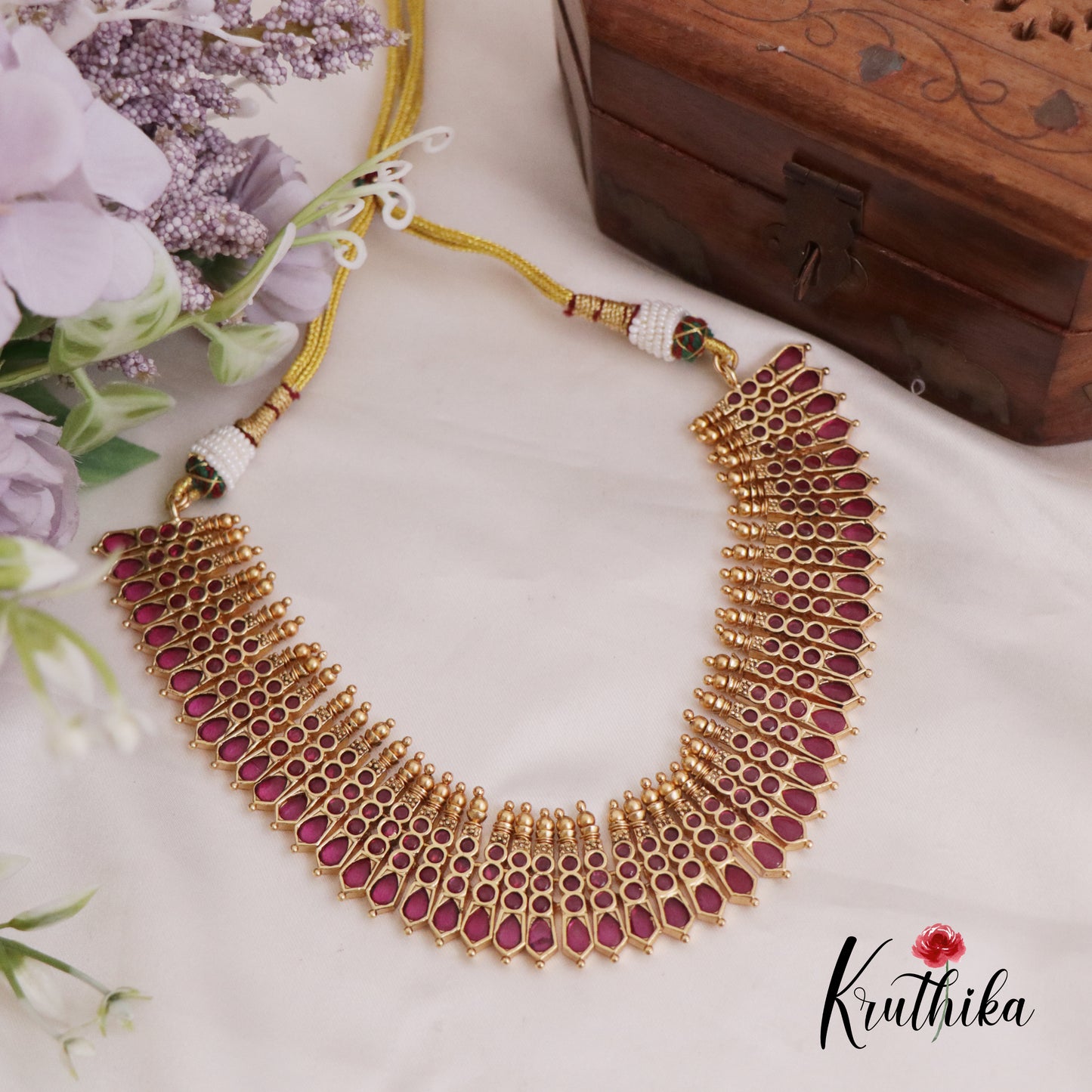 Trendy  Kerala Design Ruby Palakka Choker with Earrings NC2391