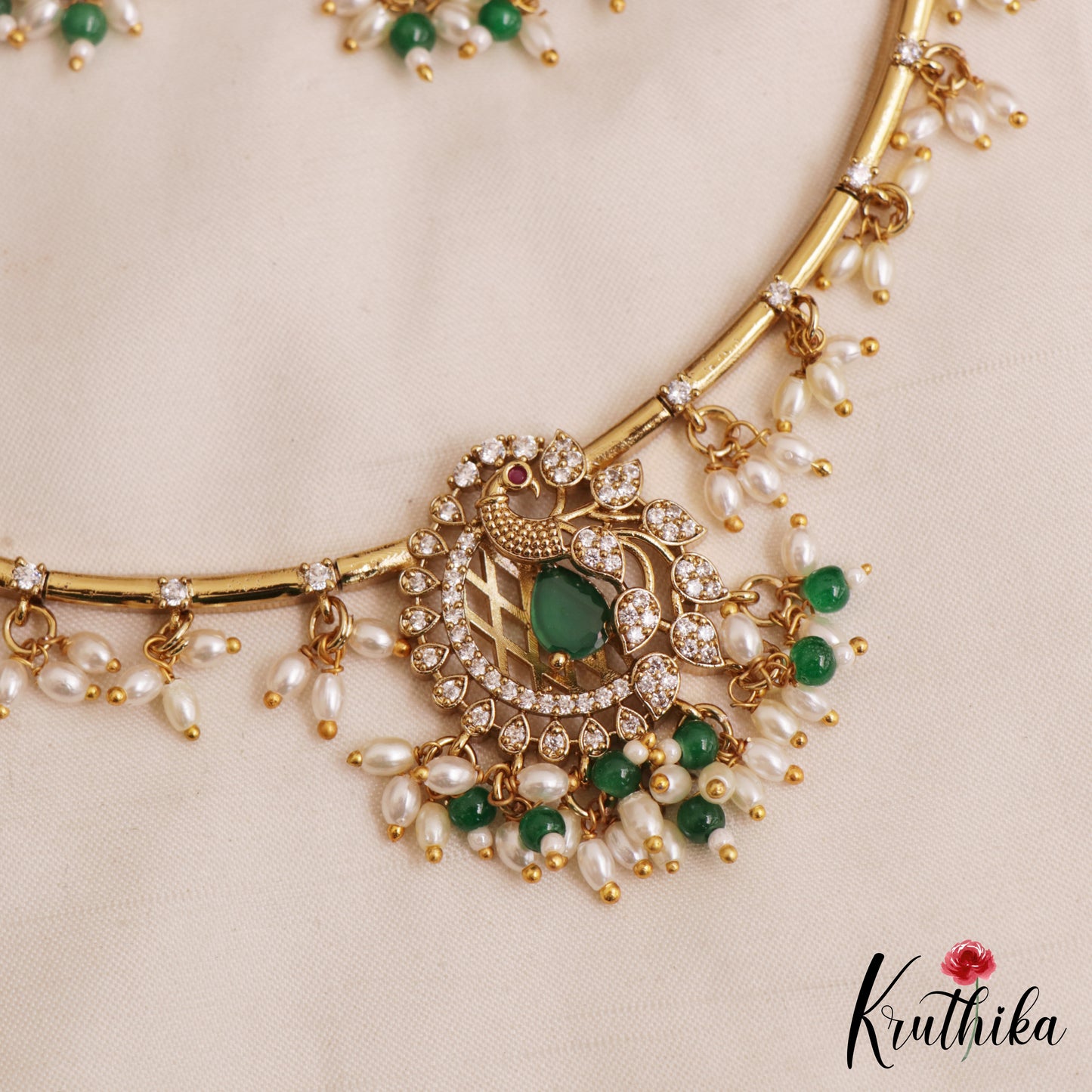 Elegant Peacock Motifs CZ Hasli Choker With Rice Pearl Drops NC3075 (Available In 2 Colors)
