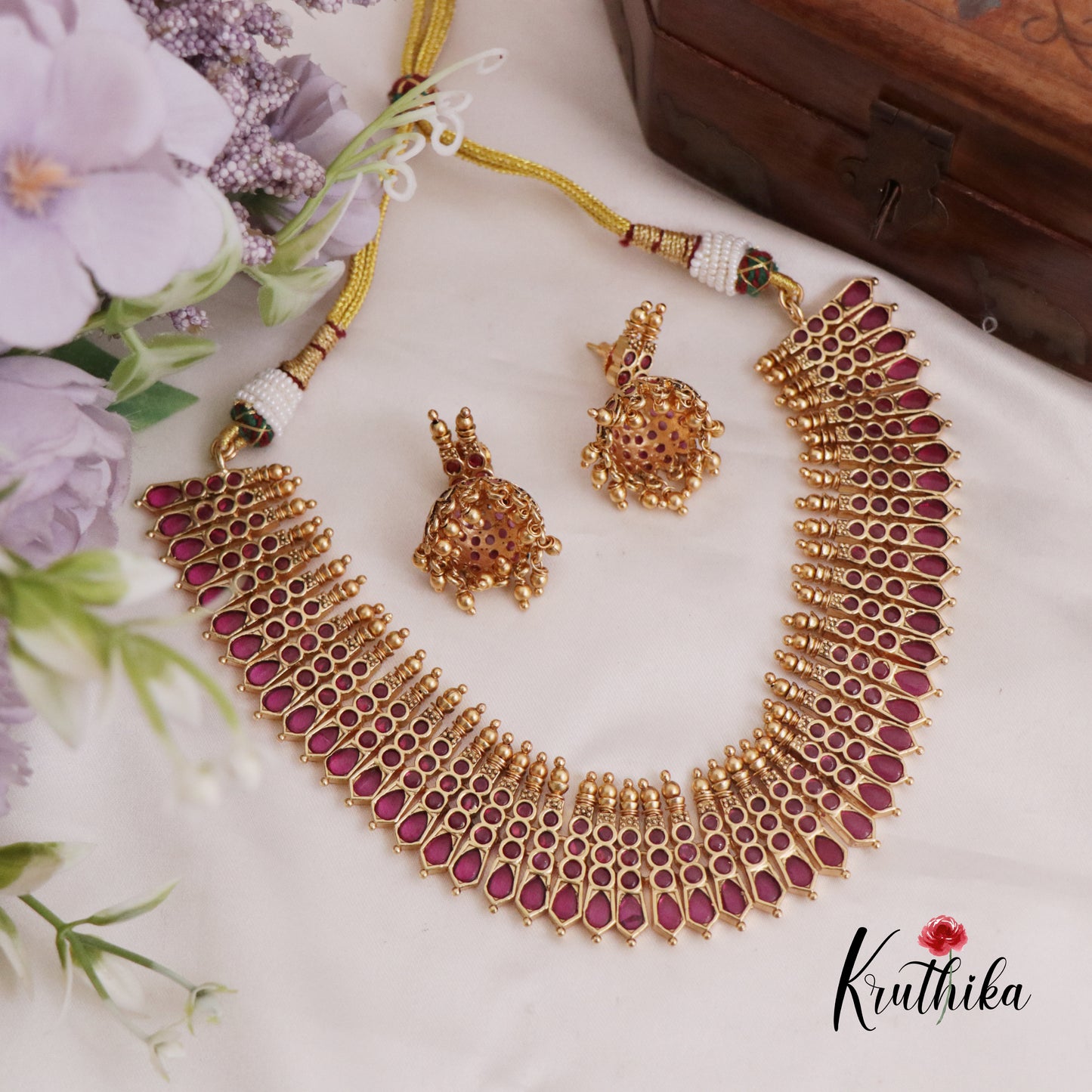 Trendy  Kerala Design Ruby Palakka Choker with Earrings NC2391