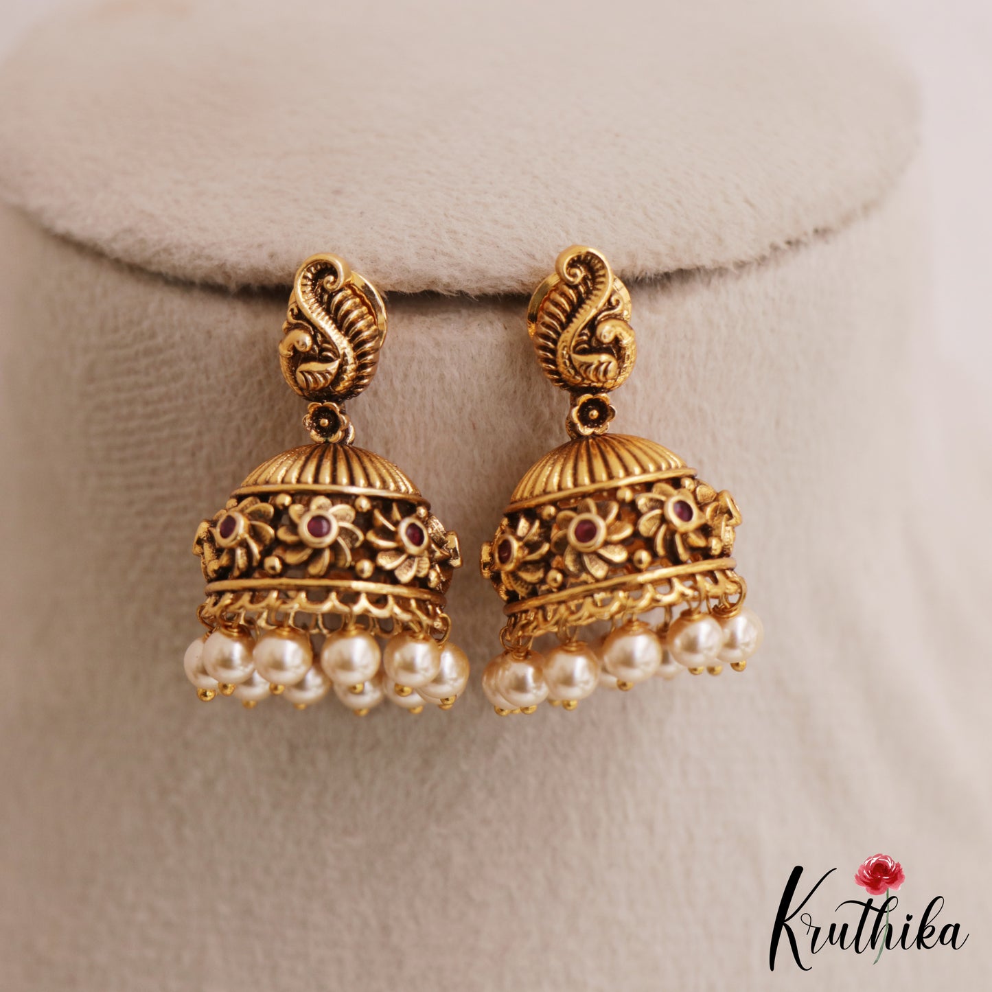 Pretty Antique Floral Peacock Motifs Jhumkas With Pearl Drops E1173