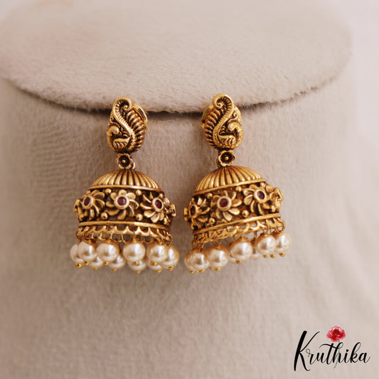 Pretty Antique Floral Peacock Motifs Jhumkas With Pearl Drops E1173