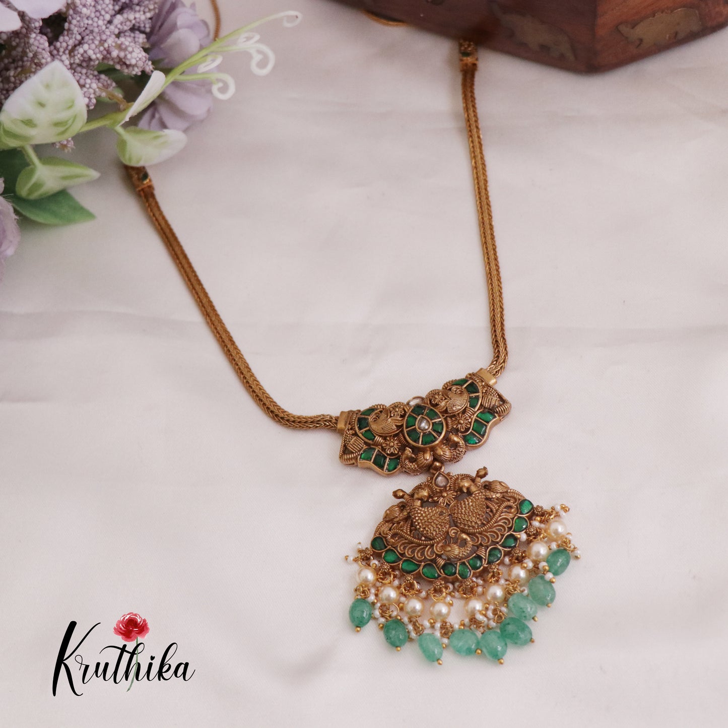 Simple Trendy Jadau Peacock Pendant Necklace with Green Beads Drops NC2381 (Available in 3 Colours)