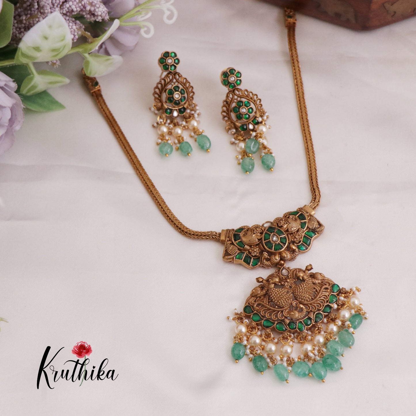 Simple Trendy Jadau Peacock Pendant Necklace with Green Beads Drops NC2381 (Available in 3 Colours)
