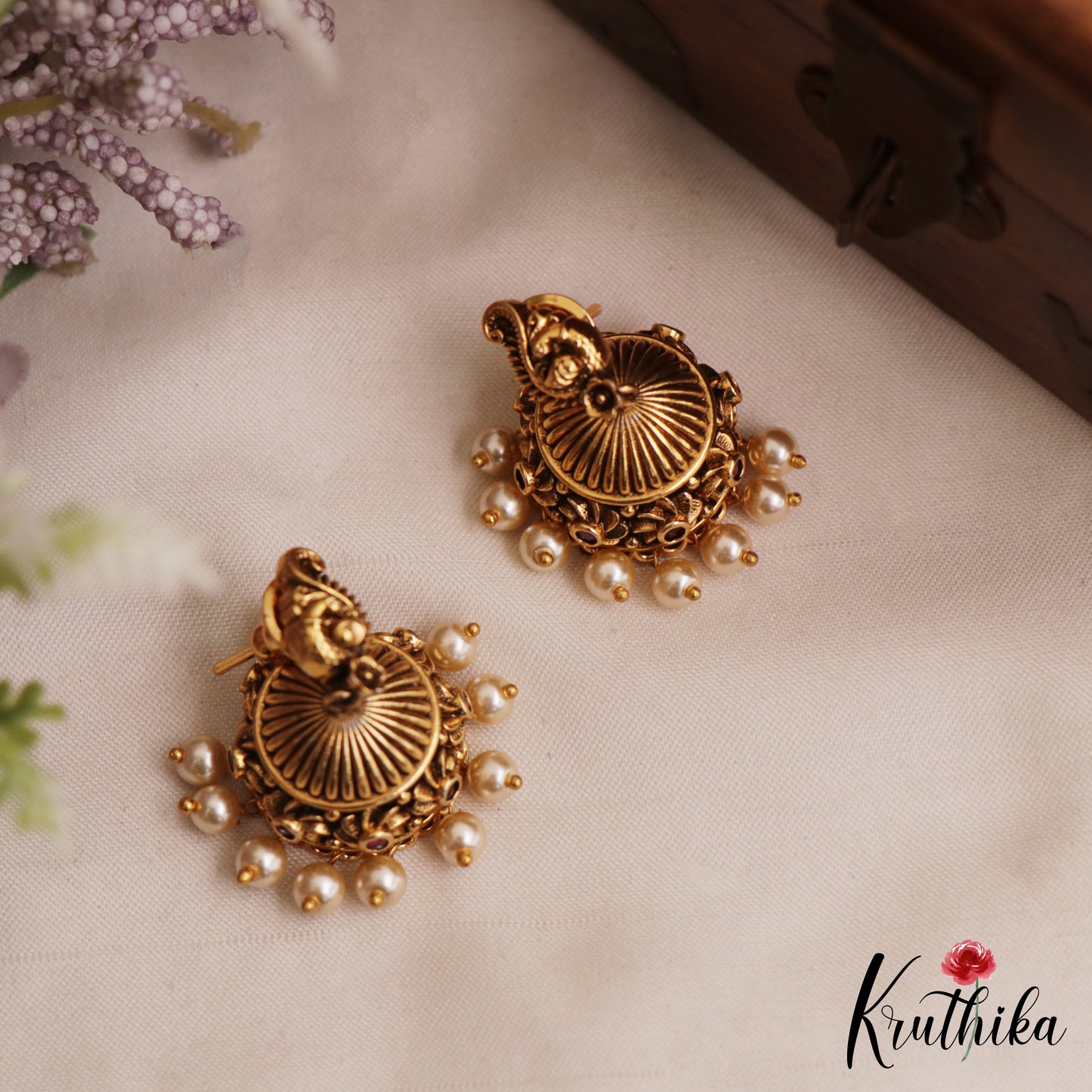 Pretty Antique Floral Peacock Motifs Jhumkas With Pearl Drops E1173