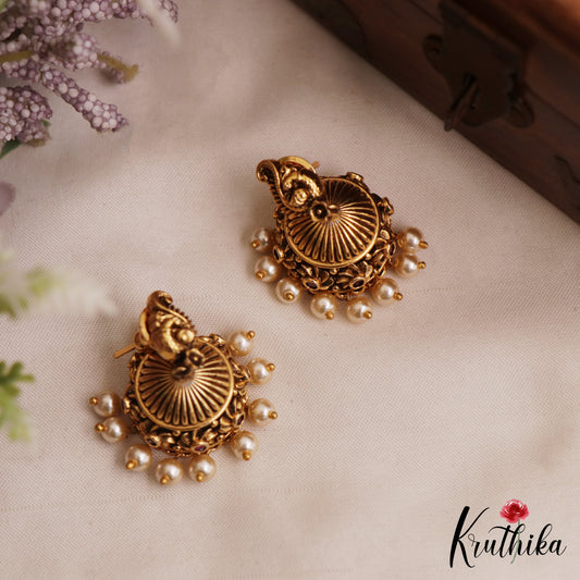 Pretty Antique Floral Peacock Motifs Jhumkas With Pearl Drops E1173