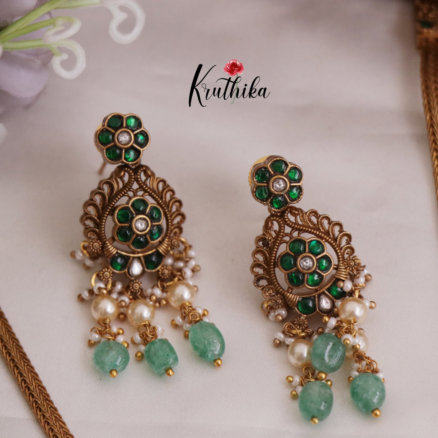 Simple Trendy Jadau Peacock Pendant Necklace with Green Beads Drops NC2381 (Available in 3 Colours)