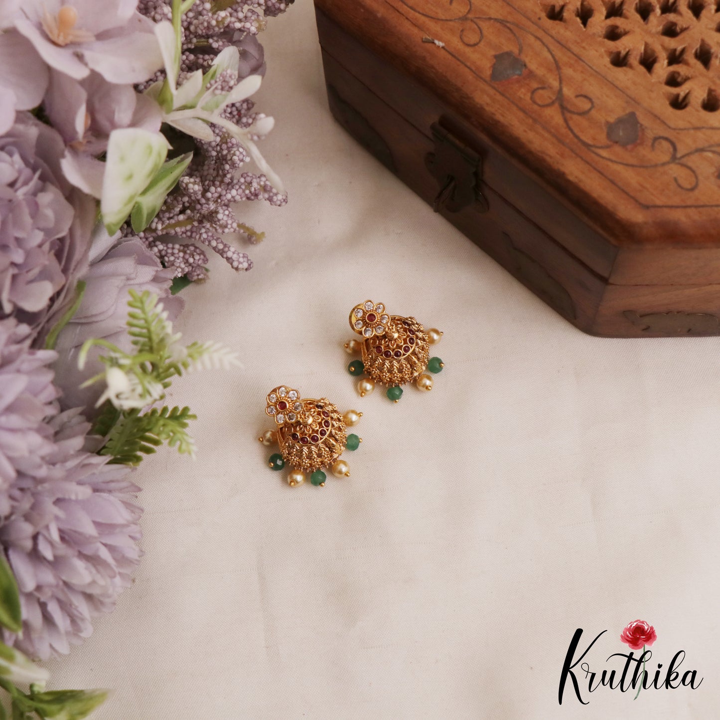 Beautiful Antique Floral Lakshmi Motifs Jhumkas With Pearl Bead Drops E1174