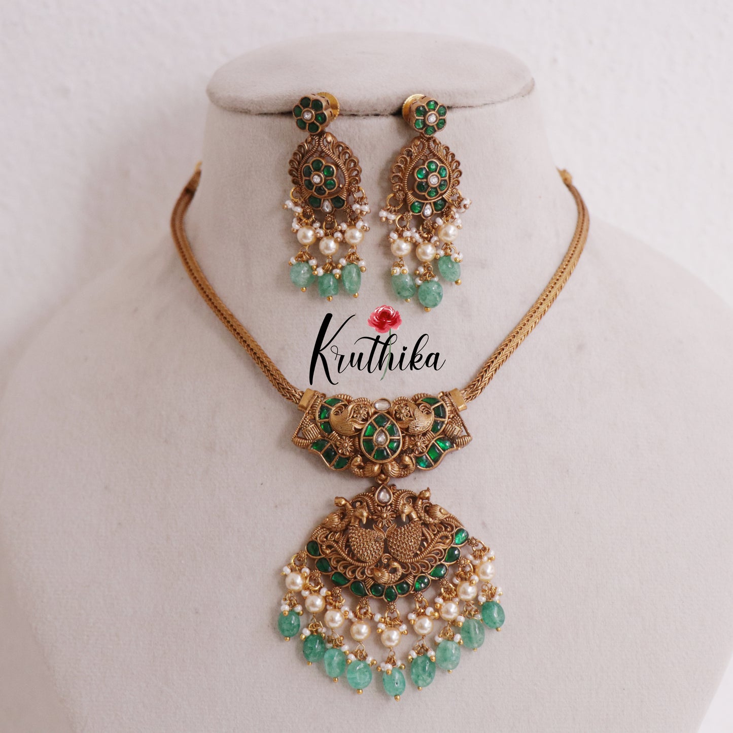 Simple Trendy Jadau Peacock Pendant Necklace with Green Beads Drops NC2381 (Available in 3 Colours)